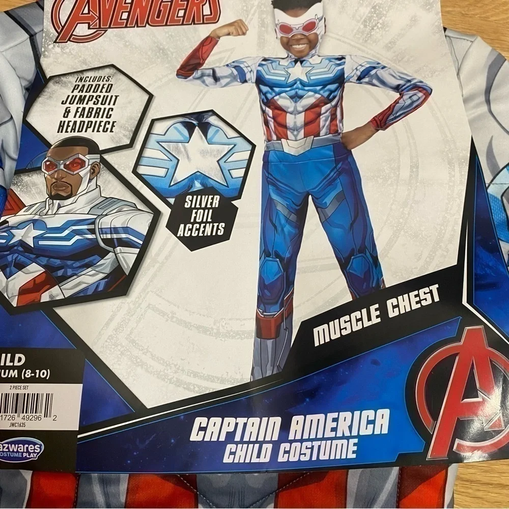 Avengers Captain America Costume NEW Medium 8-10 Padded Jumpsuit & Headpiece